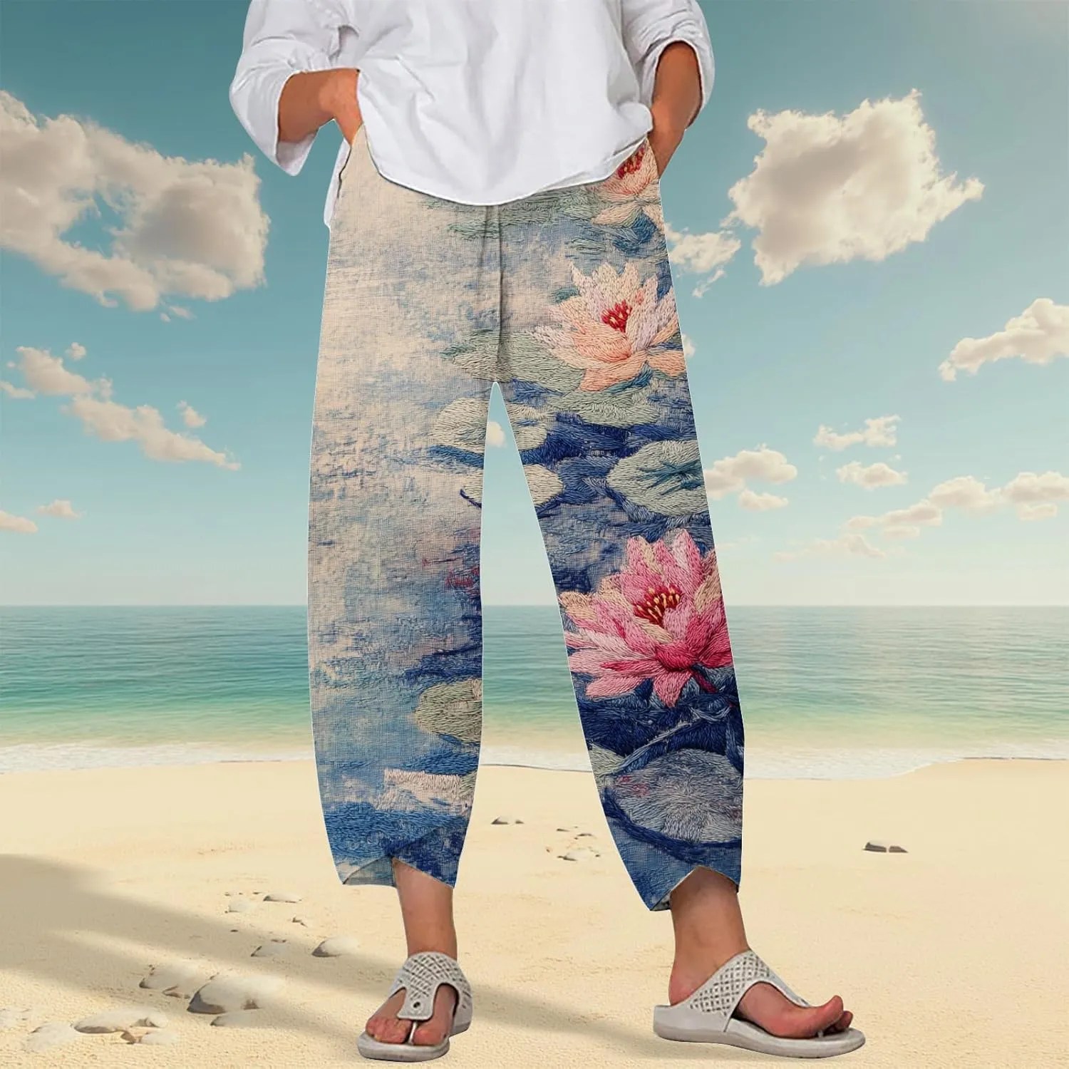 HOTYD Japanese Wige Leg Pants for Women Artist Linen Pants Womens Capri Pants Summer Baggy Cropped Trouser with Pockets