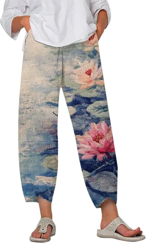 HOTYD Japanese Wige Leg Pants for Women Artist Linen Pants Womens Capri Pants Summer Baggy Cropped Trouser with Pockets