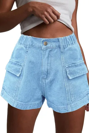 HVEPUO Womens High Waisted Cargo Jean Shorts Y2K Casual Summer Denim Shorts Elastic Waist Pull On Shorts with Pockets