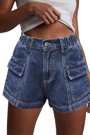 HVEPUO Womens High Waisted Cargo Jean Shorts Y2K Casual Summer Denim Shorts Elastic Waist Pull On Shorts with Pockets