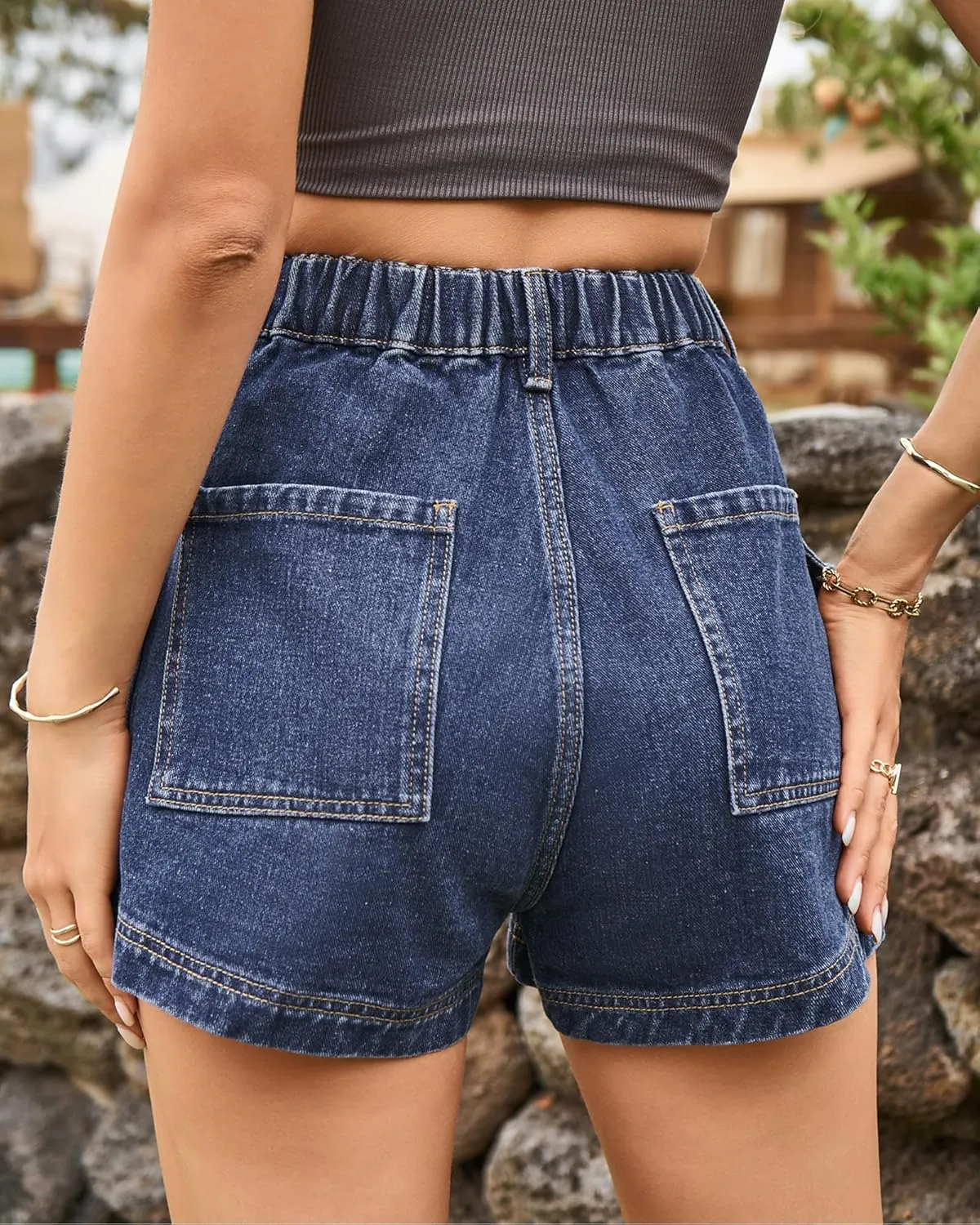 HVEPUO Womens High Waisted Cargo Jean Shorts Y2K Casual Summer Denim Shorts Elastic Waist Pull On Shorts with Pockets