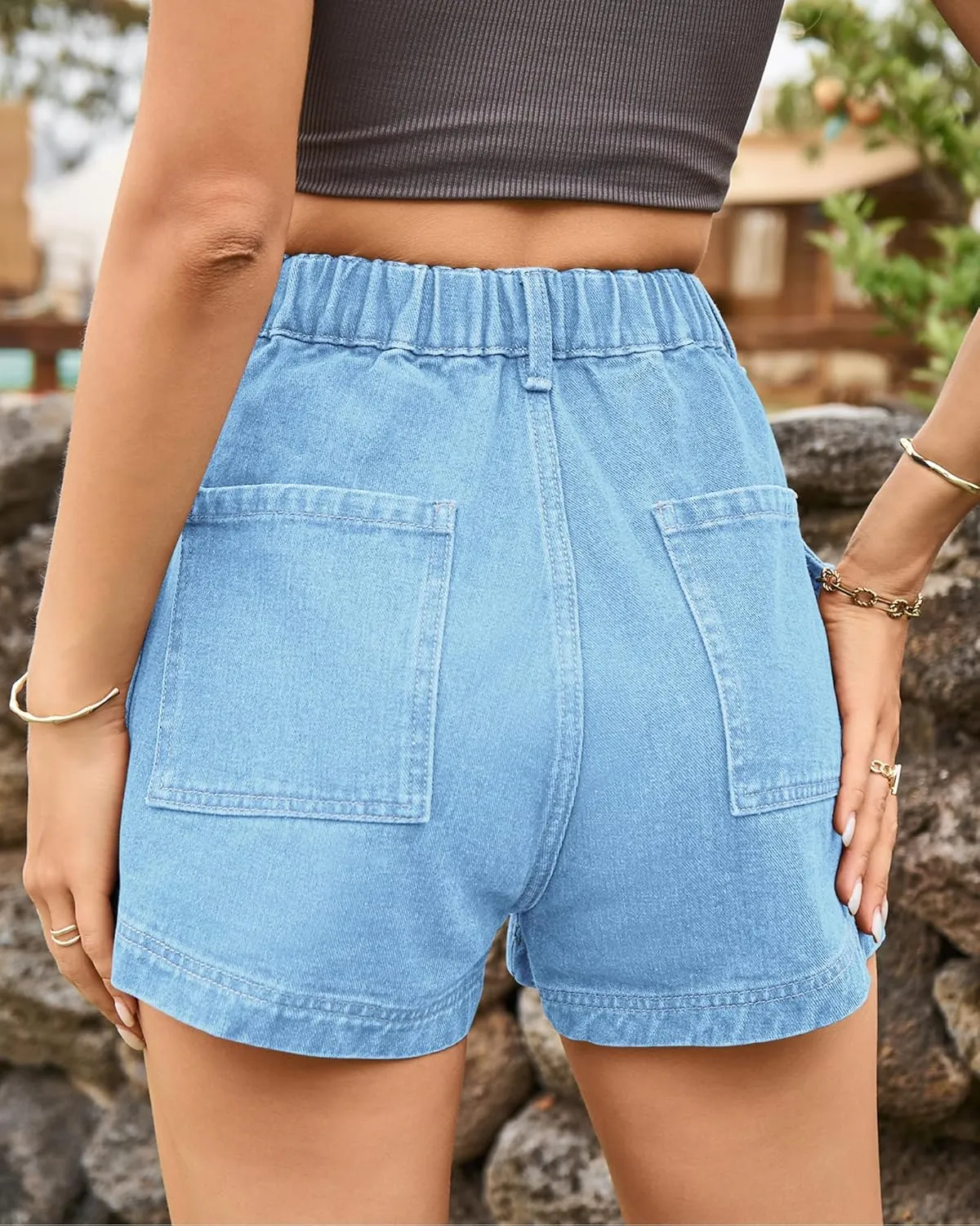 HVEPUO Womens High Waisted Cargo Jean Shorts Y2K Casual Summer Denim Shorts Elastic Waist Pull On Shorts with Pockets