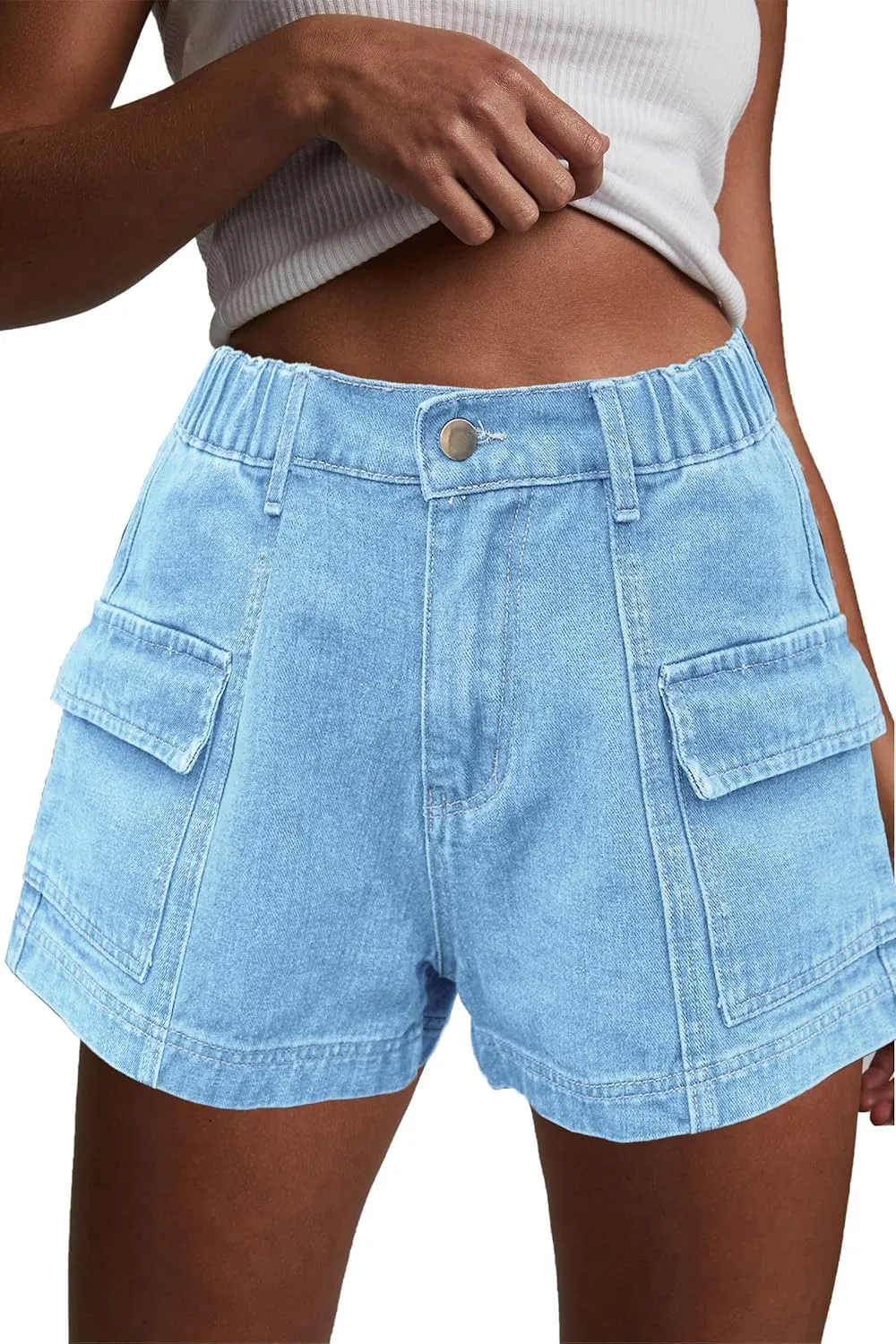 HVEPUO Womens High Waisted Cargo Jean Shorts Y2K Casual Summer Denim Shorts Elastic Waist Pull On Shorts with Pockets