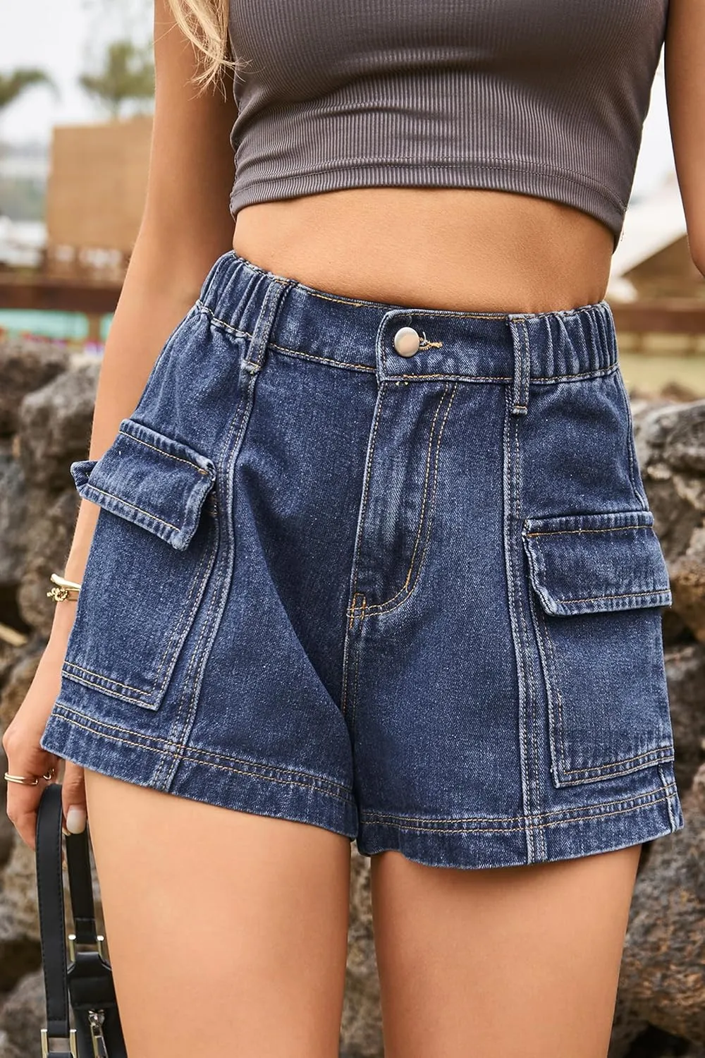 HVEPUO Womens High Waisted Cargo Jean Shorts Y2K Casual Summer Denim Shorts Elastic Waist Pull On Shorts with Pockets