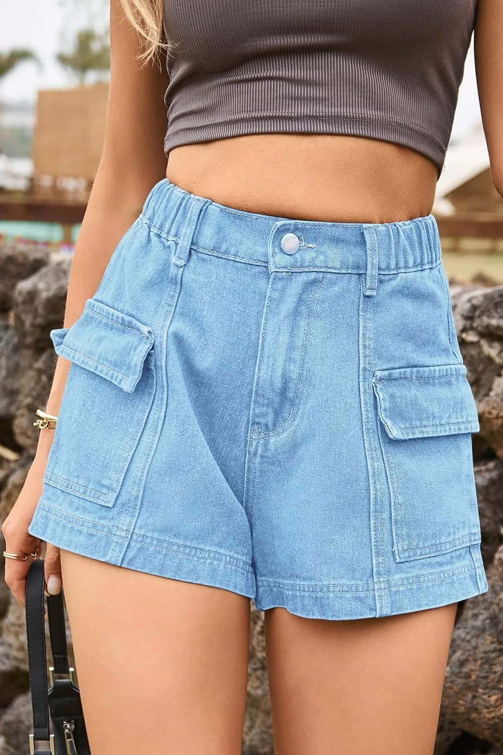 HVEPUO Womens High Waisted Cargo Jean Shorts Y2K Casual Summer Denim Shorts Elastic Waist Pull On Shorts with Pockets