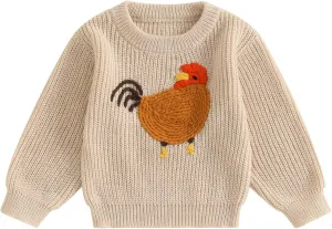Infant Baby Boy Girl Knit Sweater Rooster Goose Embroidery Crew Neck Long Sleeve Pullover Knit Shirt Winter Clothes