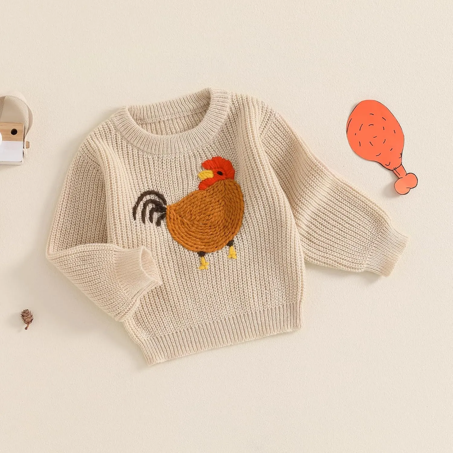 Infant Baby Boy Girl Knit Sweater Rooster Goose Embroidery Crew Neck Long Sleeve Pullover Knit Shirt Winter Clothes