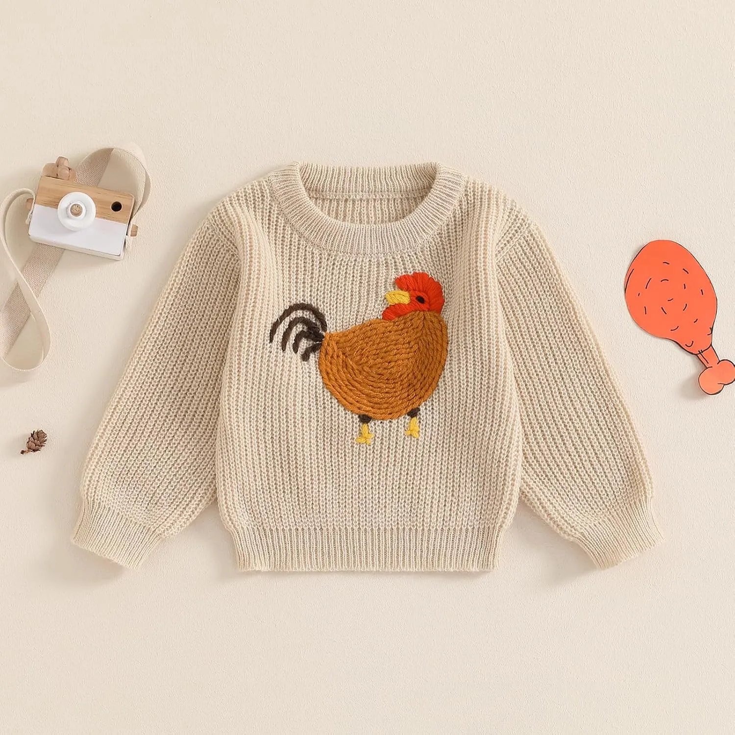 Infant Baby Boy Girl Knit Sweater Rooster Goose Embroidery Crew Neck Long Sleeve Pullover Knit Shirt Winter Clothes