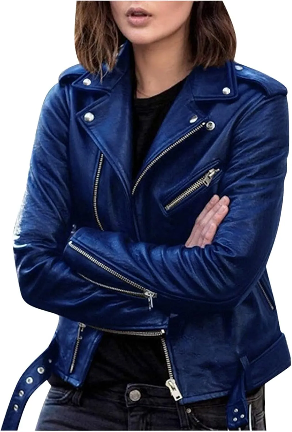 Jacket for Women's Faux Leather Cool Cropped Coat Fashion Fall Long Sleeve Zipper Slim Fitted Short Coat Jacket