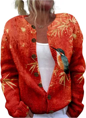 Japanese Print Sweater for Women Crane Graphic Chunky Cardigan Plus Size Button Up Knitted 2024 Winter Sweater