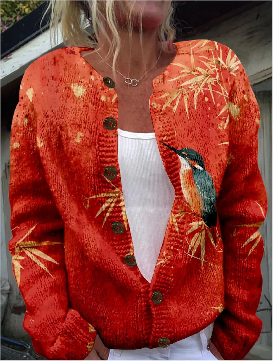 Japanese Print Sweater for Women Crane Graphic Chunky Cardigan Plus Size Button Up Knitted 2024 Winter Sweater