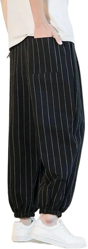 Japanese Style Stripe Summer Cotton Linen Harem Pants Men Streetwear Beach Pants Male Casual Trousers