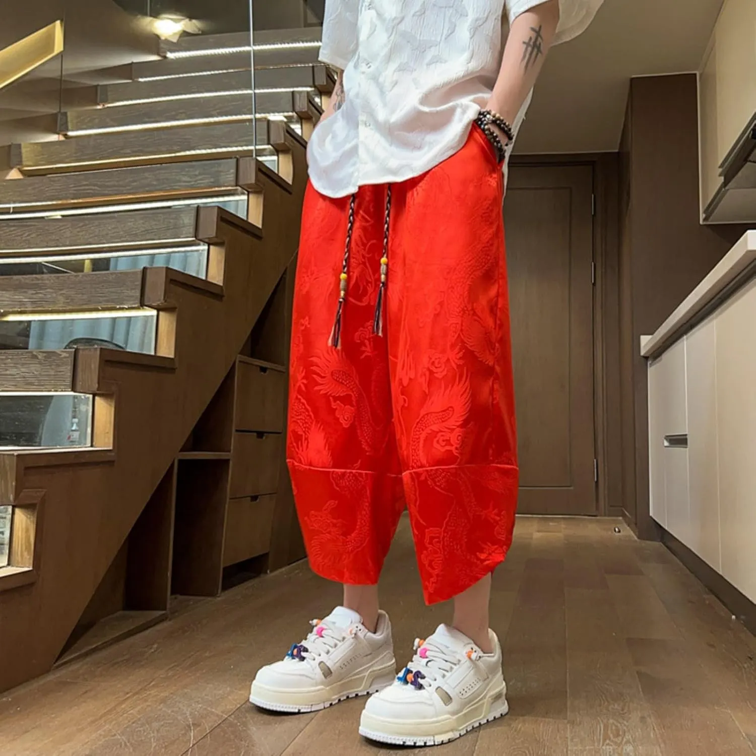 Japanese Style Summer Dragon Pattern Mens Cropped Pants - Loose-Fitting Casual Harem Pants