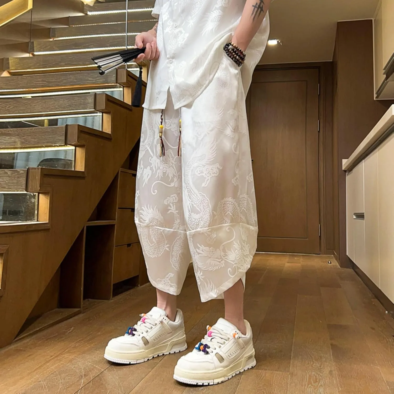 Japanese Style Summer Dragon Pattern Mens Cropped Pants - Loose-Fitting Casual Harem Pants