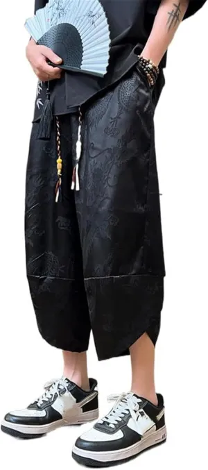 Japanese Style Summer Dragon Pattern Mens Cropped Pants - Loose-Fitting Casual Harem Pants