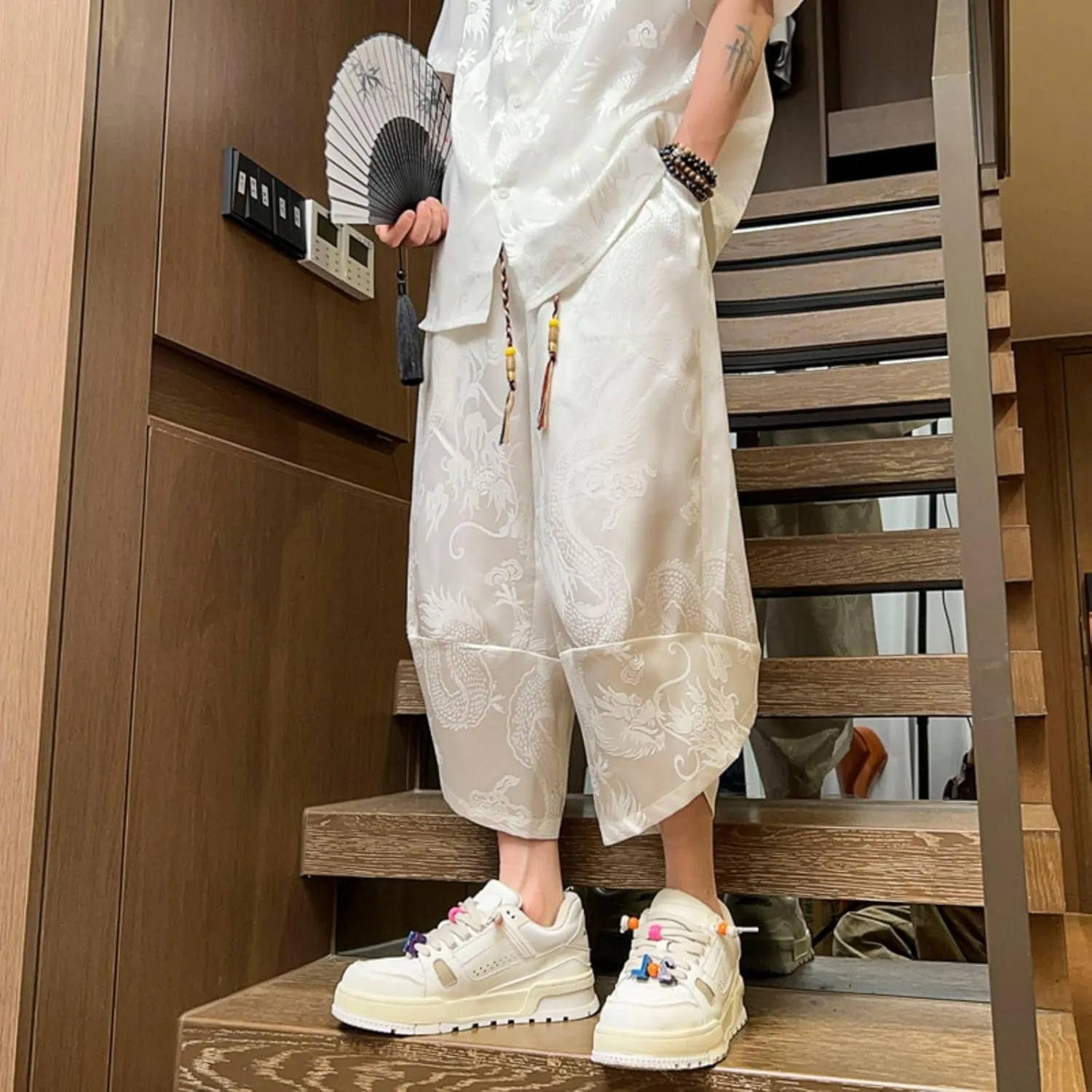 Japanese Style Summer Dragon Pattern Mens Cropped Pants - Loose-Fitting Casual Harem Pants