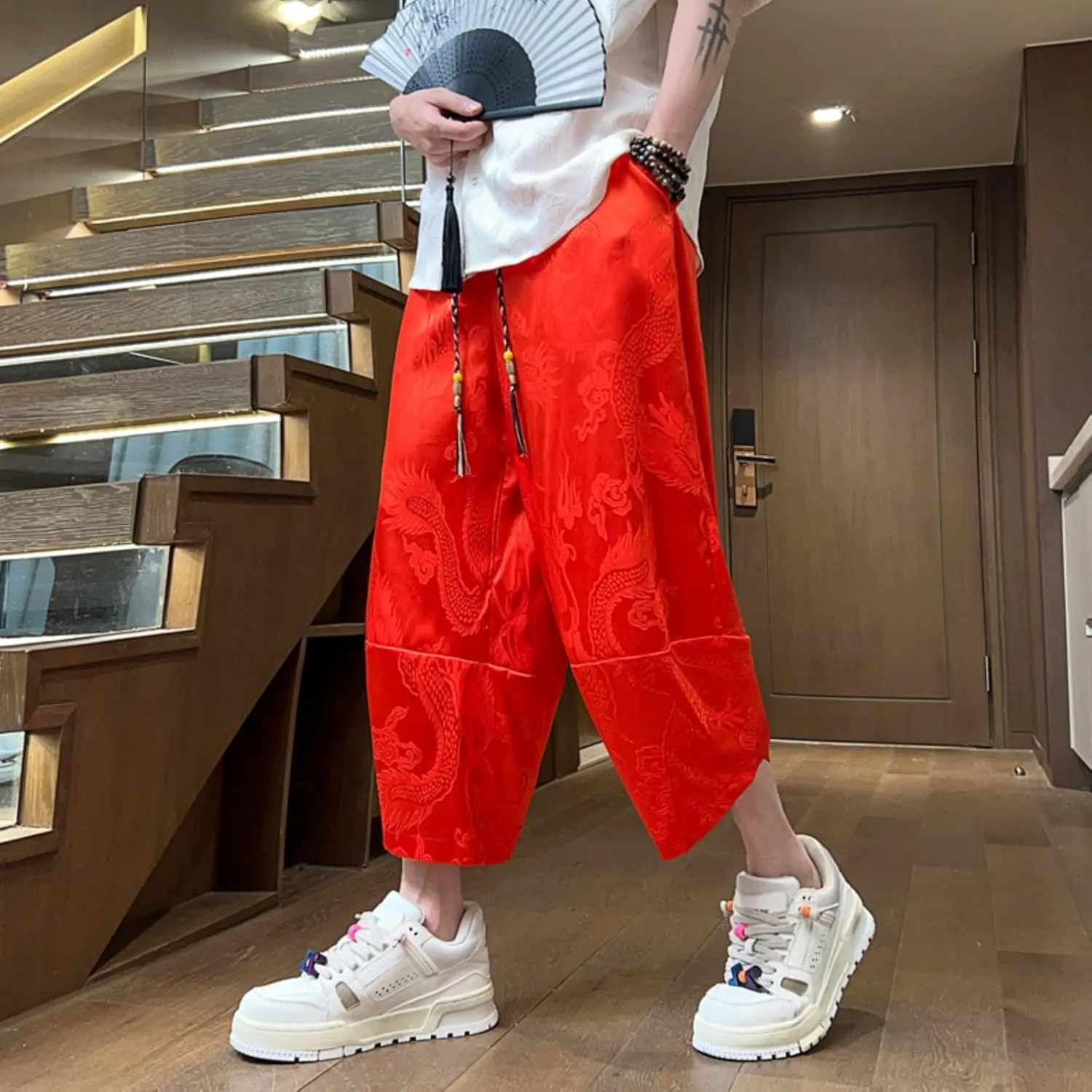 Japanese Style Summer Dragon Pattern Mens Cropped Pants - Loose-Fitting Casual Harem Pants