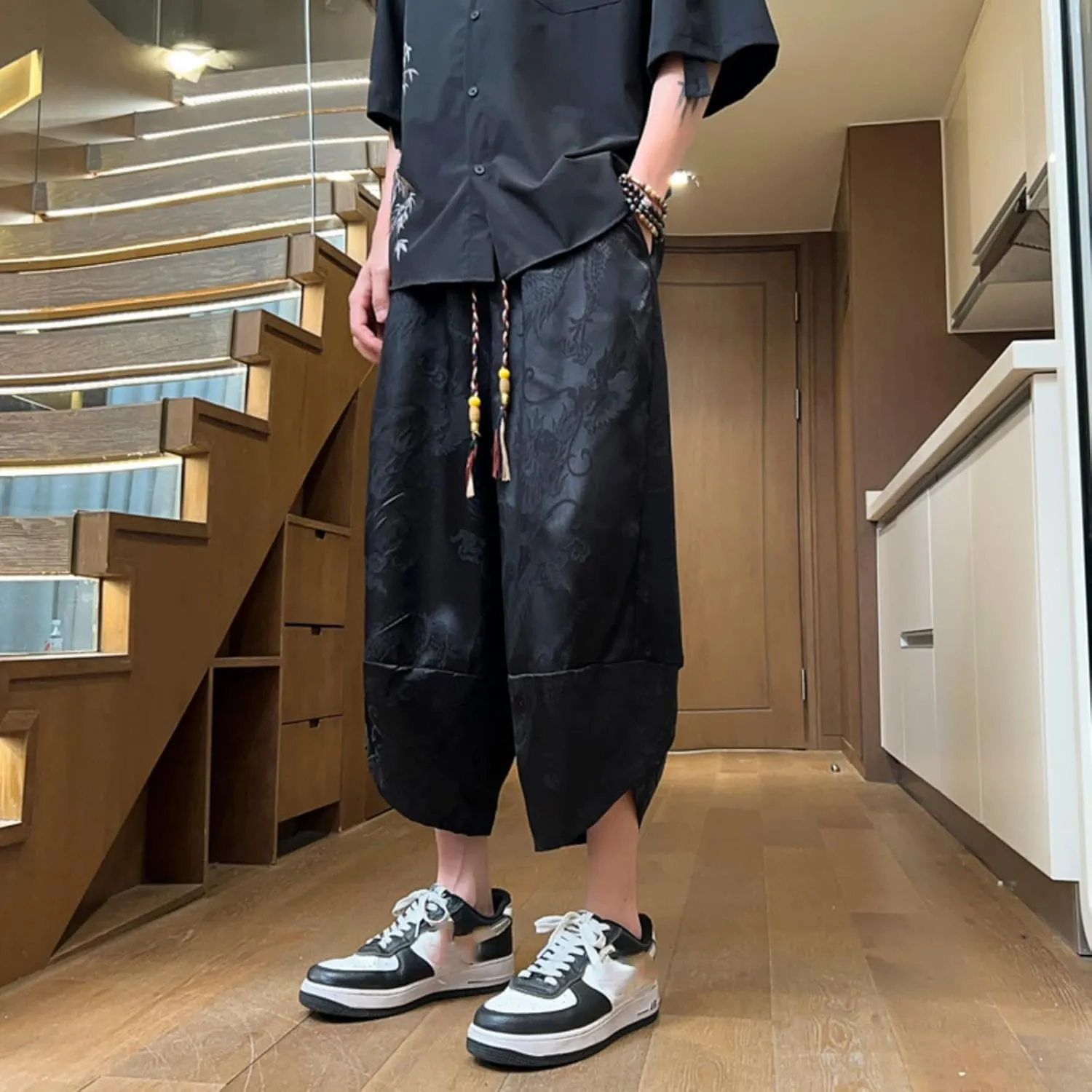 Japanese Style Summer Dragon Pattern Mens Cropped Pants - Loose-Fitting Casual Harem Pants