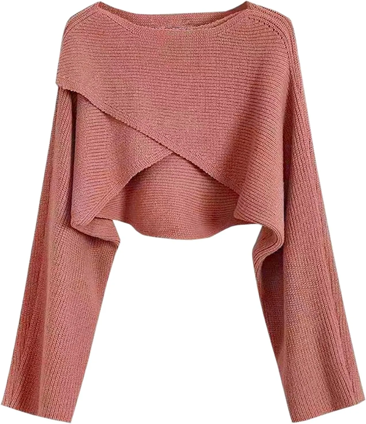 Joe Wenko Women's Boat Neck Sweater Long Sleeve Cross Wrap Asymmetrical Hem Cropped Pullover Jumper Tops