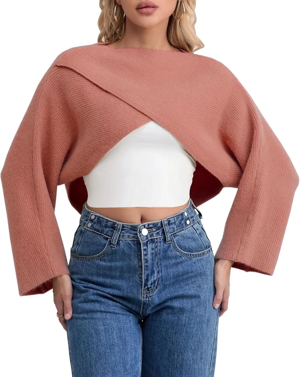 Joe Wenko Women's Boat Neck Sweater Long Sleeve Cross Wrap Asymmetrical Hem Cropped Pullover Jumper Tops