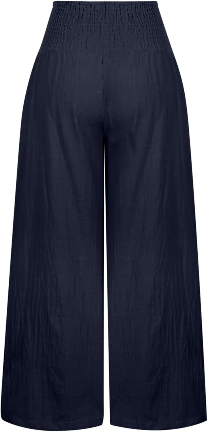 jsaierl Women Linen Wide Leg Pants Casual Summer Palazzo Pants Loose Flowy Beach Pants Vacation Travel Trousers with Pockets