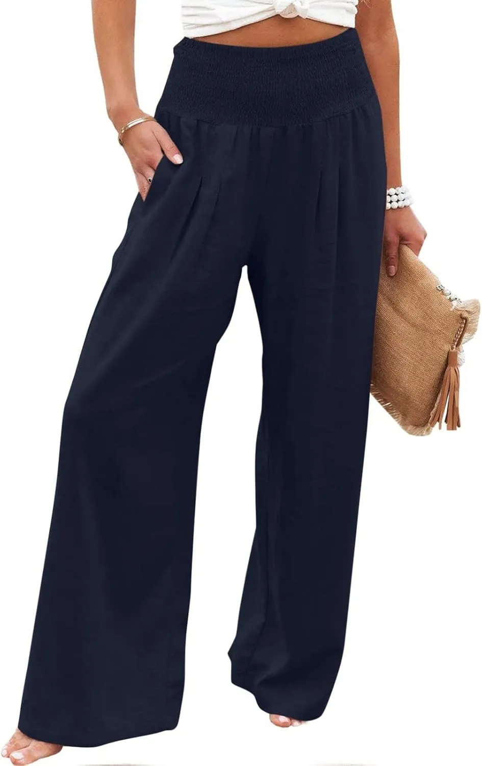 jsaierl Women Linen Wide Leg Pants Casual Summer Palazzo Pants Loose Flowy Beach Pants Vacation Travel Trousers with Pockets