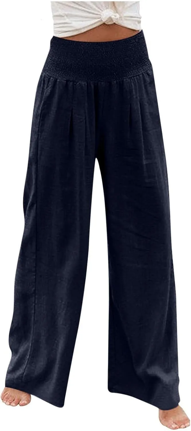 jsaierl Women Linen Wide Leg Pants Casual Summer Palazzo Pants Loose Flowy Beach Pants Vacation Travel Trousers with Pockets