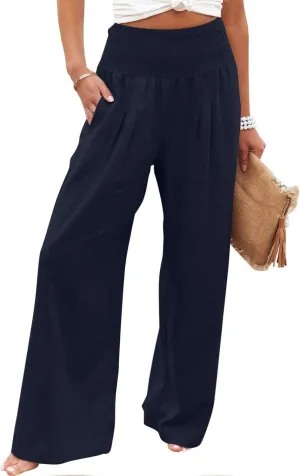 jsaierl Women Linen Wide Leg Pants Casual Summer Palazzo Pants Loose Flowy Beach Pants Vacation Travel Trousers with Pockets