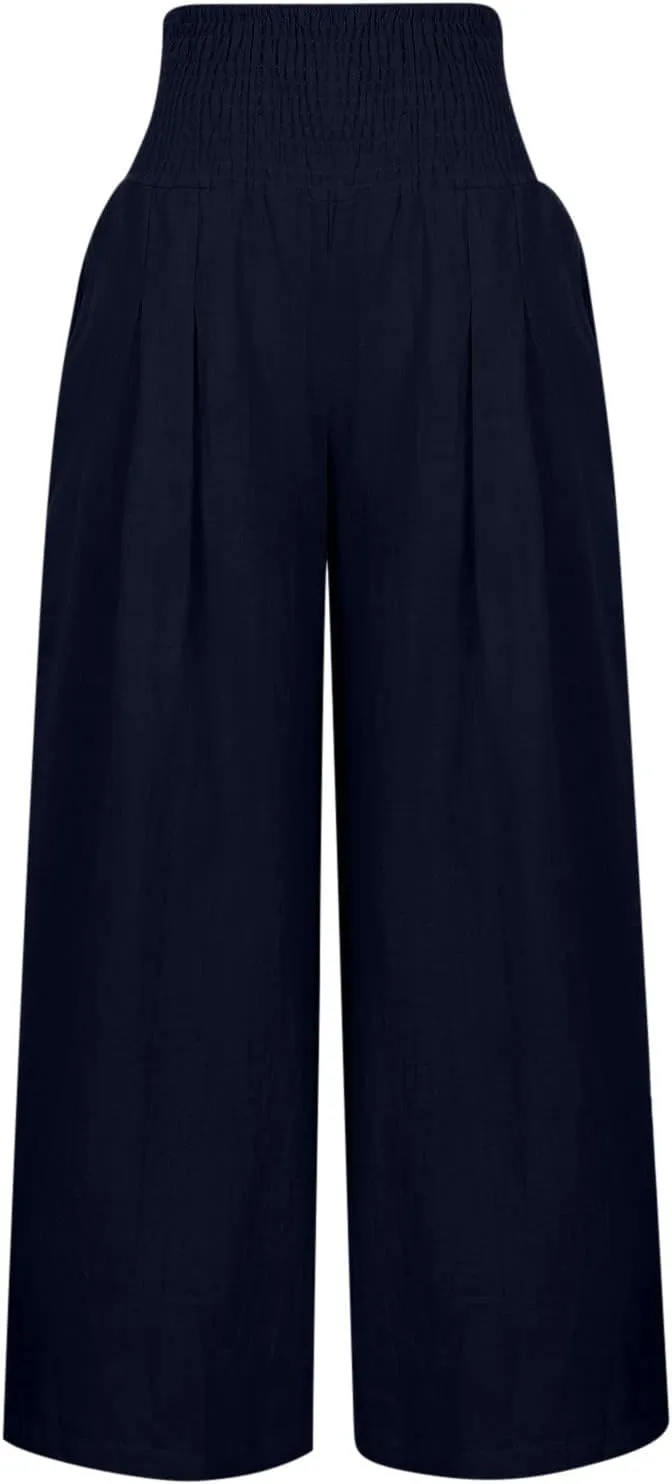 jsaierl Women Linen Wide Leg Pants Casual Summer Palazzo Pants Loose Flowy Beach Pants Vacation Travel Trousers with Pockets