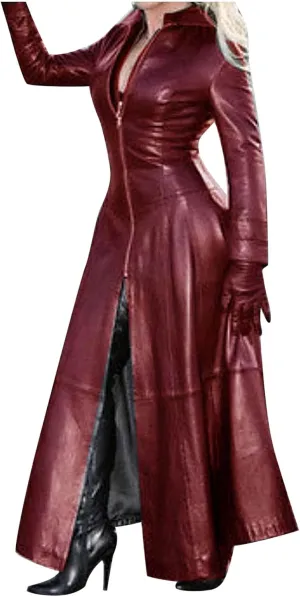 jsaierl Women's Black Leather Trench Coat, 60'S Overcoat, Ankle Length Long Coat, Single Breasted Lapel Jackets Coat Outwear