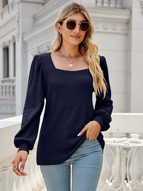 JuliaFashion - 2024 Waffle Pattern Square Collar Long Sleeve Oversized T Shirt
