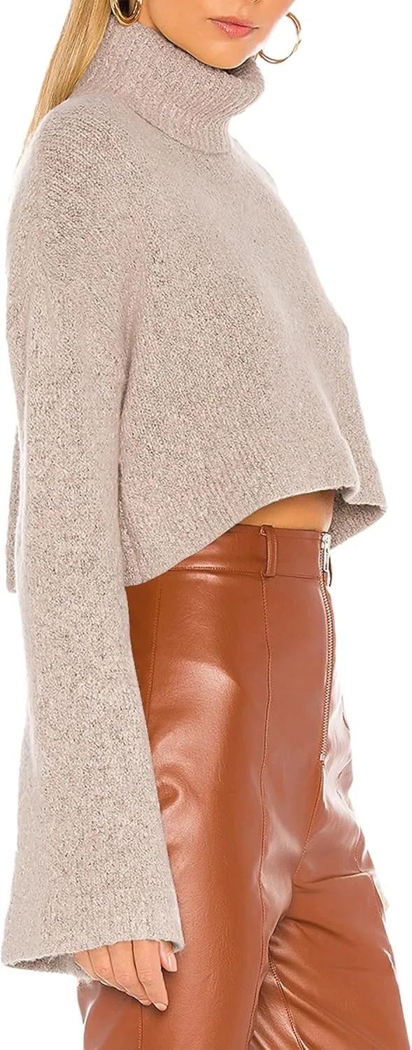 Jumppmile Women's Crop Sweater Turtleneck Long Sleeve Lightweight Fleece Cropped Pullover Sweater Top