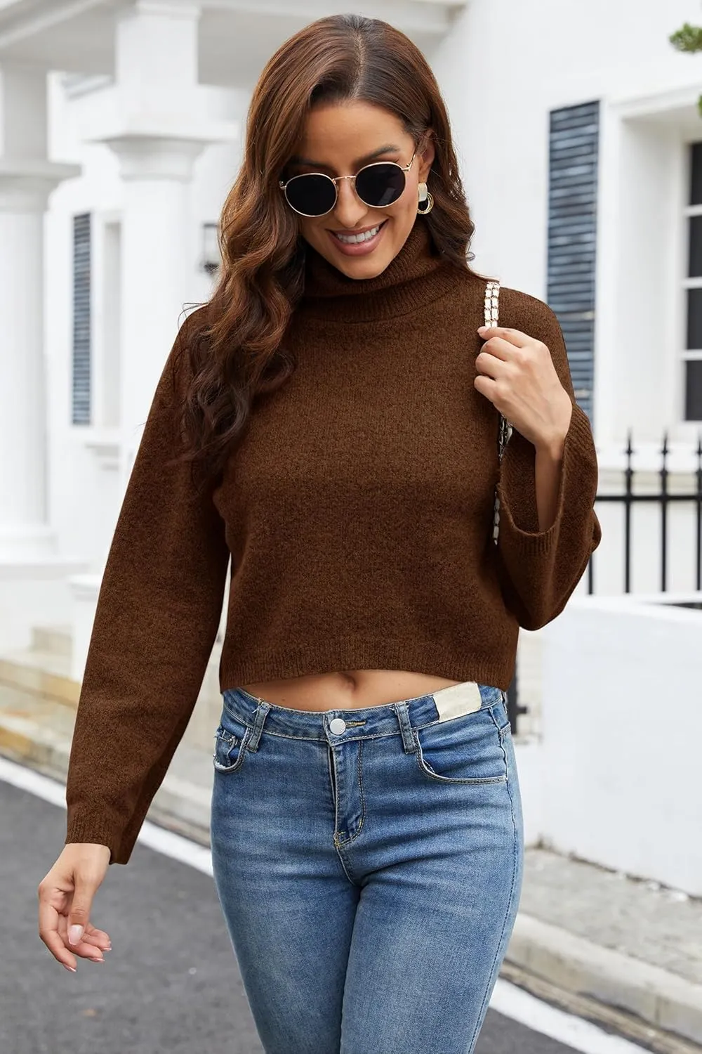 Jumppmile Women's Crop Sweater Turtleneck Long Sleeve Lightweight Fleece Cropped Pullover Sweater Top