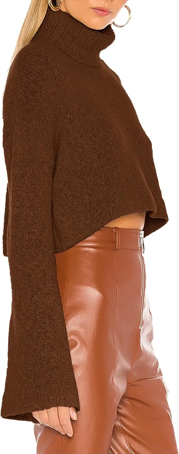 Jumppmile Women's Crop Sweater Turtleneck Long Sleeve Lightweight Fleece Cropped Pullover Sweater Top