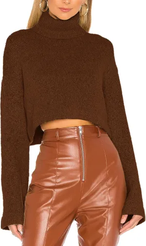 Jumppmile Women's Crop Sweater Turtleneck Long Sleeve Lightweight Fleece Cropped Pullover Sweater Top