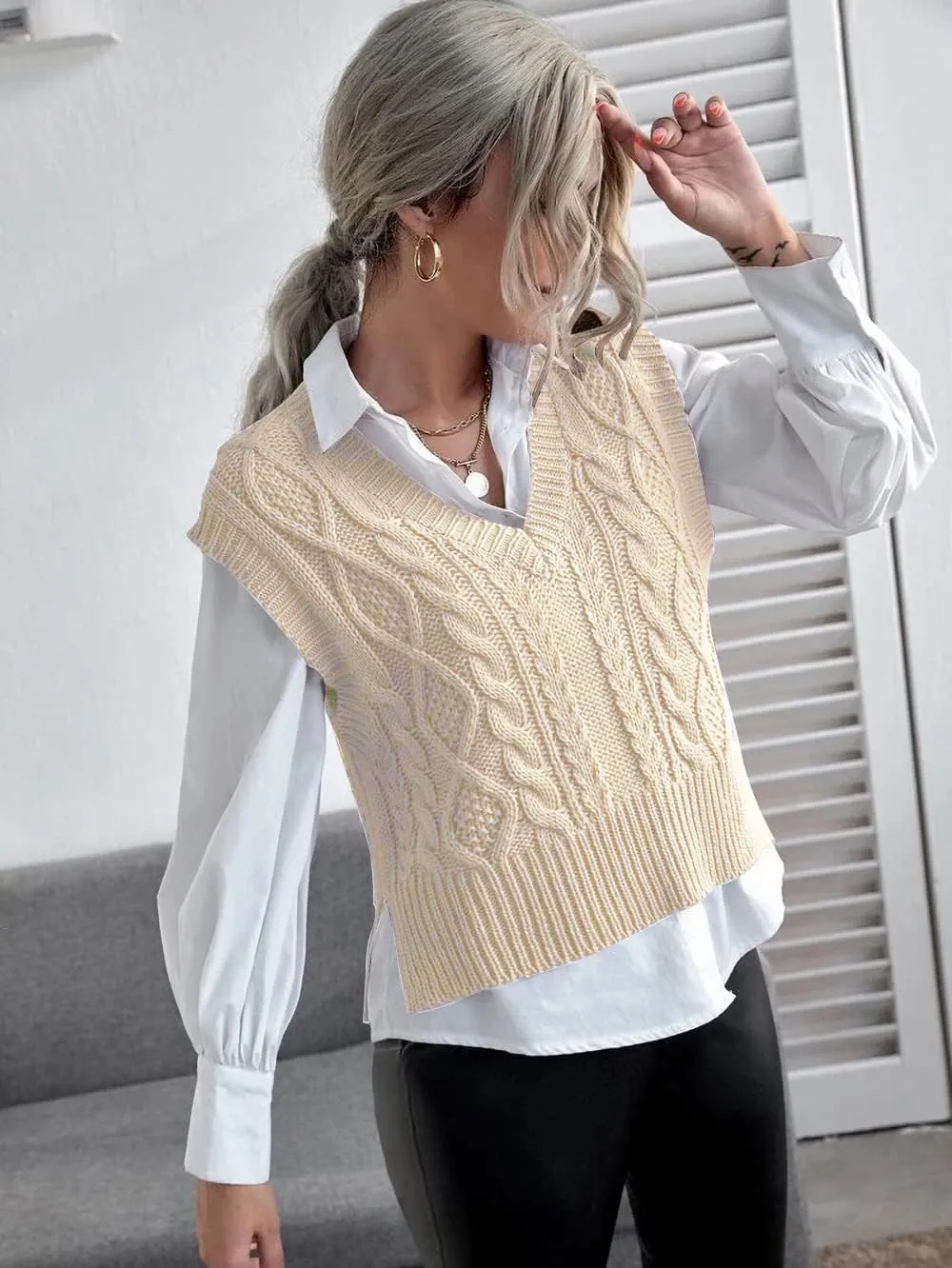 Jumppmile Womens V Neck Sweater Vest Sleeveless Pullover Crop Sweater Vest