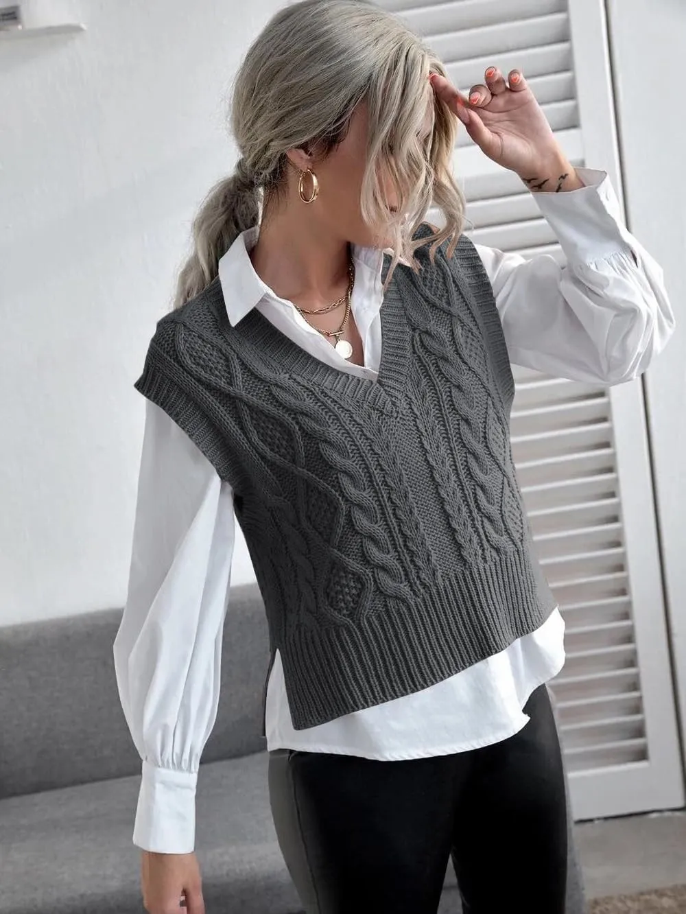 Jumppmile Womens V Neck Sweater Vest Sleeveless Pullover Crop Sweater Vest