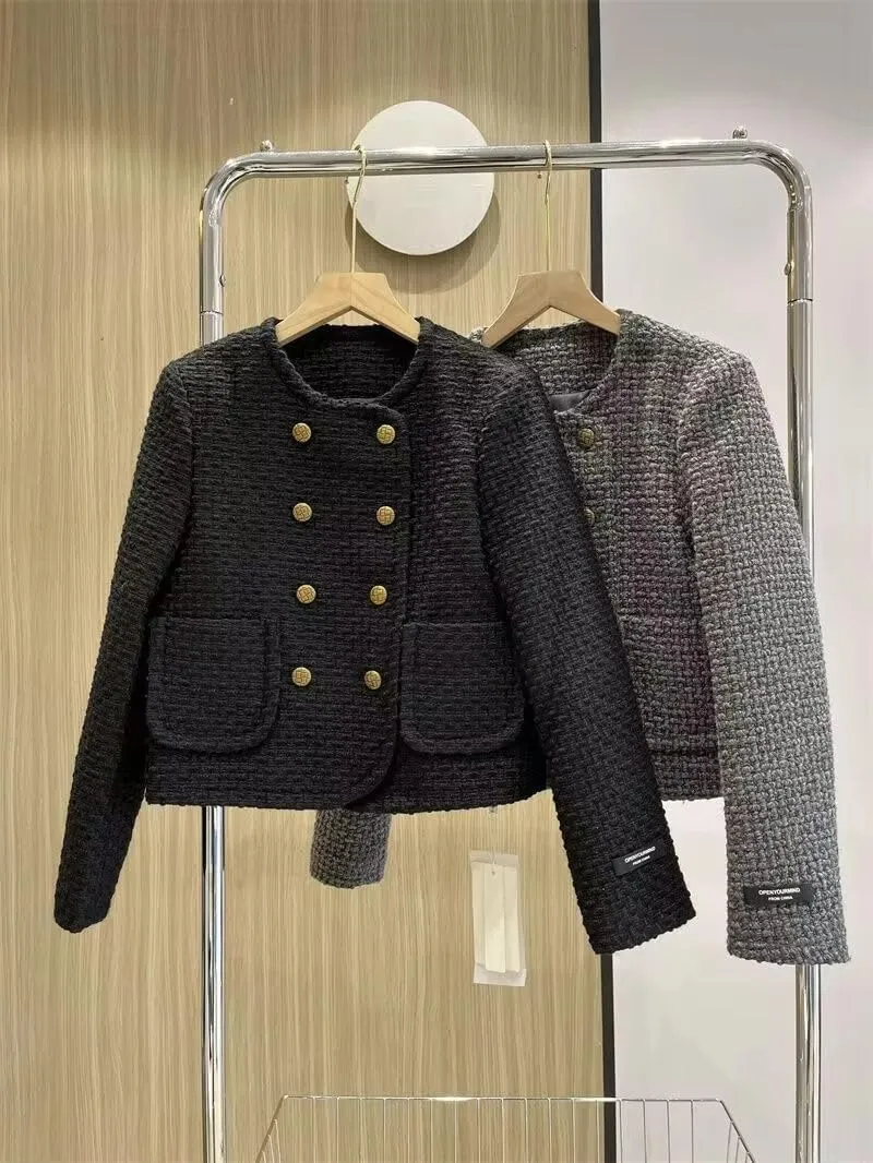 JYHBHMZG Winter Tweed Thick Round Neck Jackets Coat Casual Warm Women Double Breasted Cotton Padded Lined