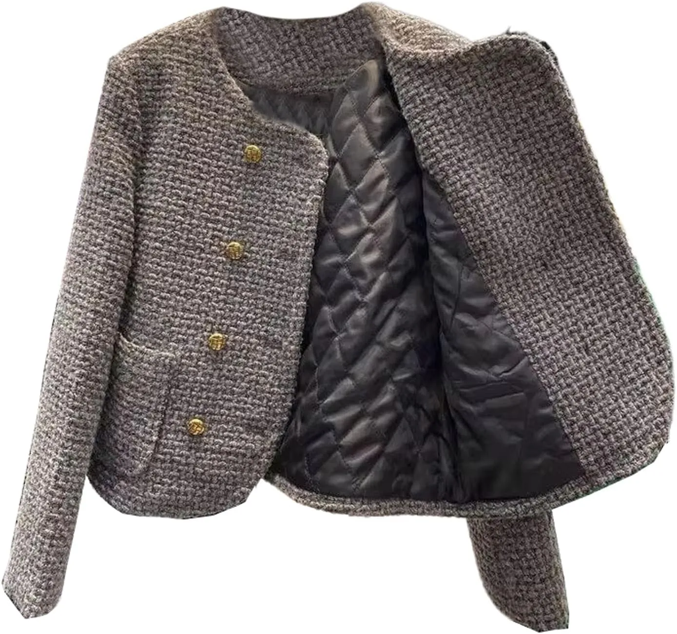 JYHBHMZG Winter Tweed Thick Round Neck Jackets Coat Casual Warm Women Double Breasted Cotton Padded Lined
