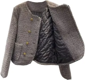 JYHBHMZG Winter Tweed Thick Round Neck Jackets Coat Casual Warm Women Double Breasted Cotton Padded Lined