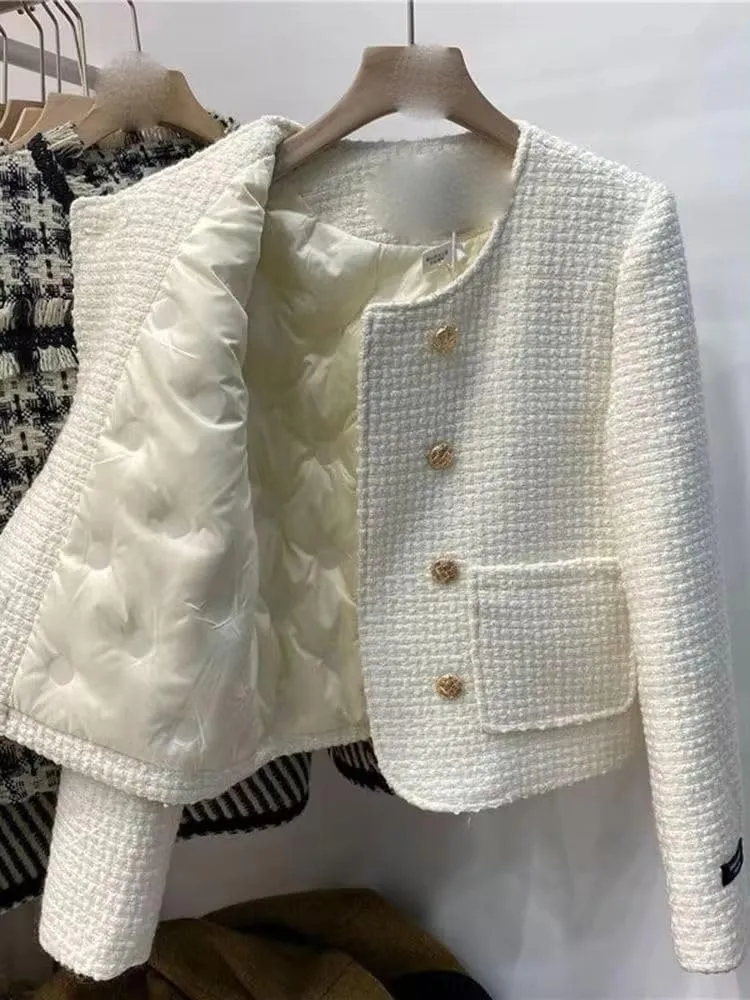 JYHBHMZG Winter Tweed Thick Round Neck Jackets Coat Casual Warm Women Double Breasted Cotton Padded Lined