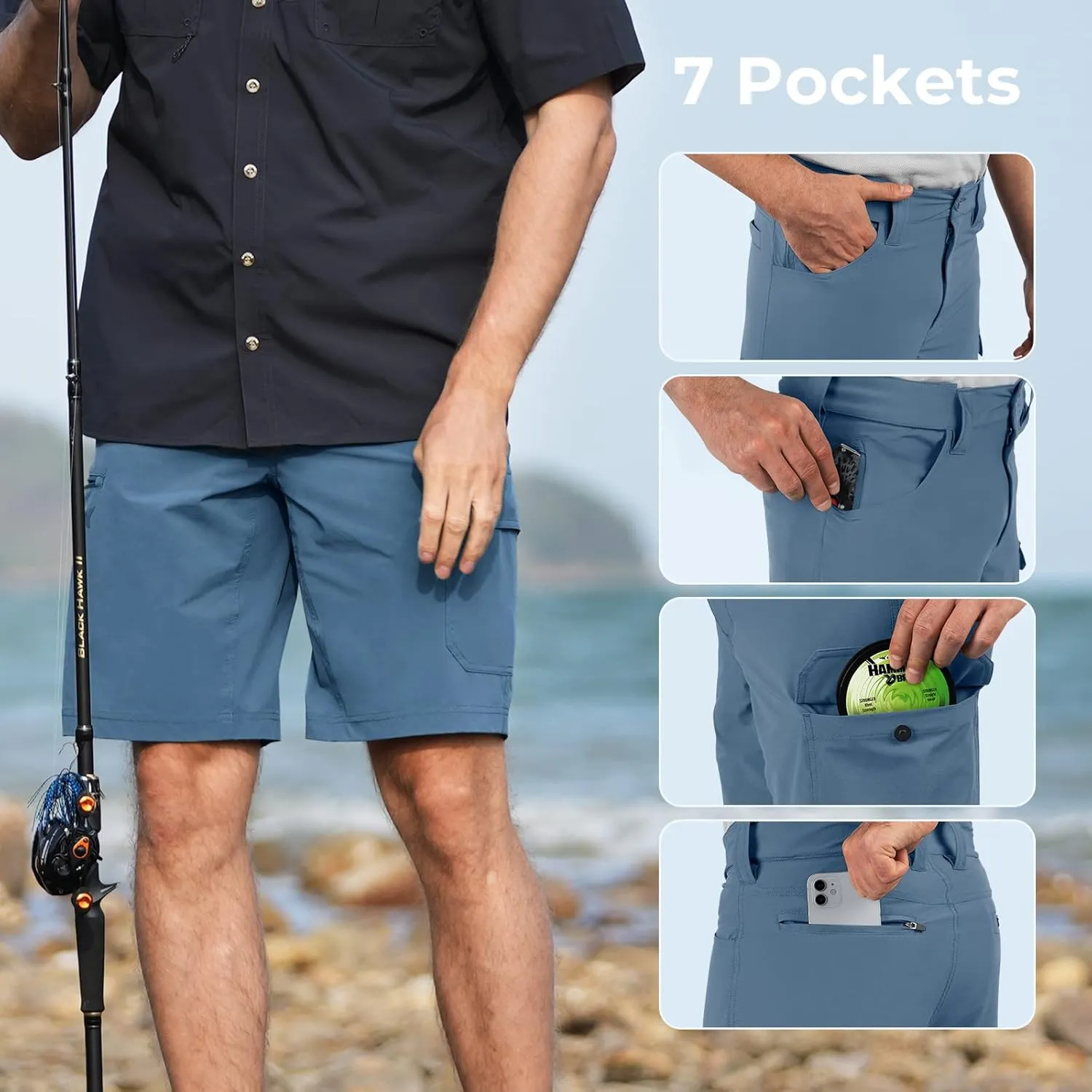 KastKing Men's Fishing Shorts, Hiking Shorts Quick Dry Comfortable UPF 50 , 7 Pockets, Shorts for Men, 10.5" Inseam
