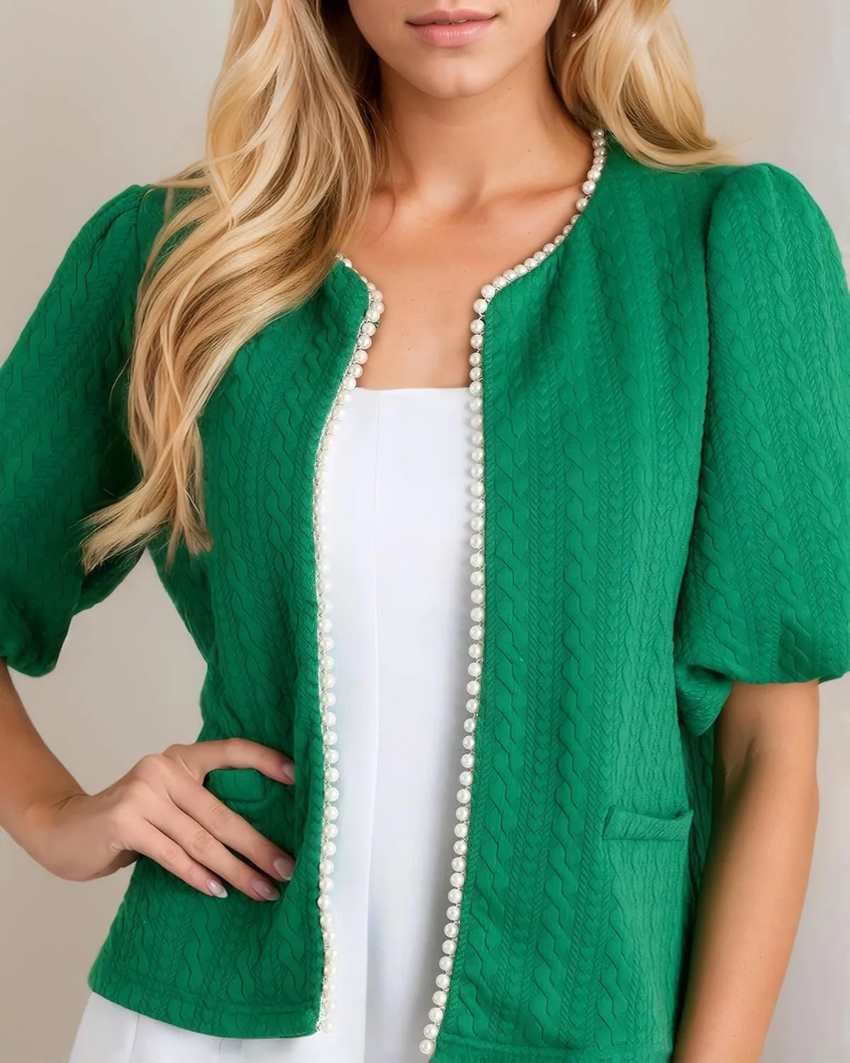 Kedera Puff Short Sleeve Tweed Jacket Women Cropped Jackets Summer Open Front Elegant Trimmed Cardigans with Pearls