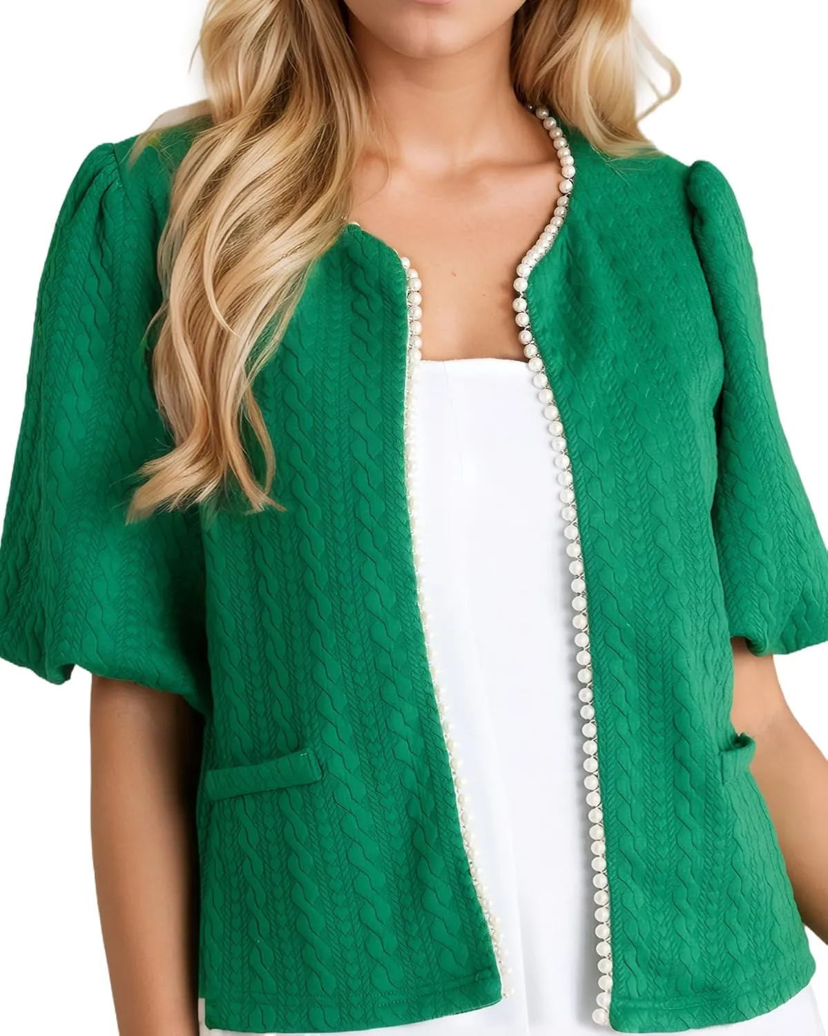 Kedera Puff Short Sleeve Tweed Jacket Women Cropped Jackets Summer Open Front Elegant Trimmed Cardigans with Pearls