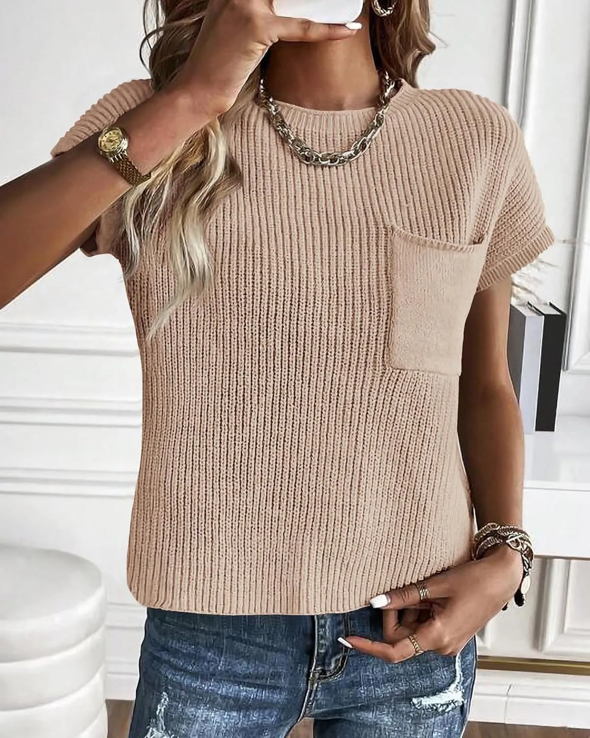 KIRUNDO Short Sleeve Sweater for Women 2025 Casual Sweater Vest Cotton Knit Pullover Tank Tops Trendy Spring Summer Outfits