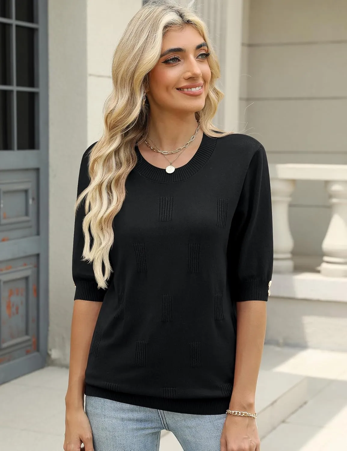 Kistore Womens Short Sleeve Sweaters Crewneck Sweater Shirts Business Casual Tops Outfits with Decor Buttons