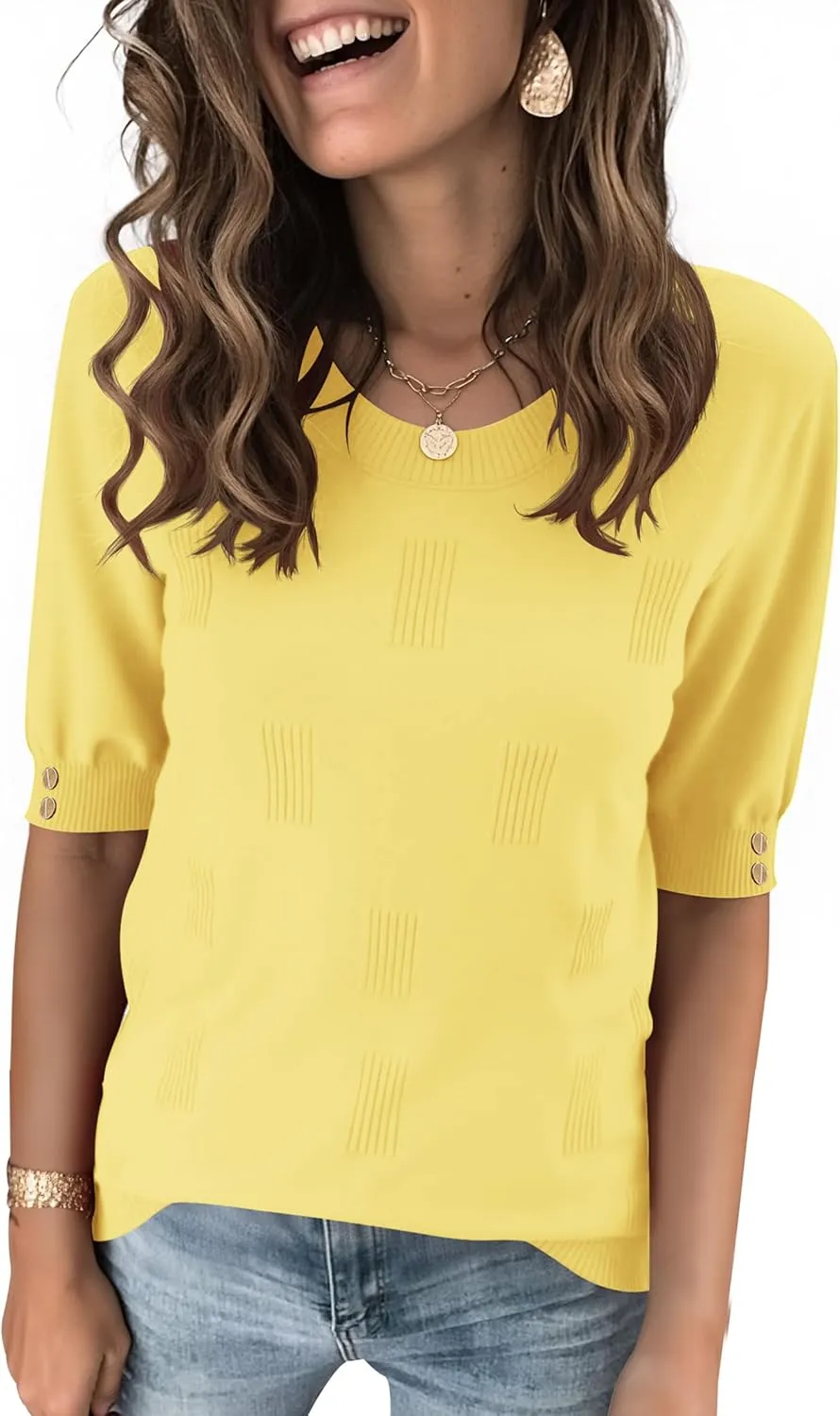 Kistore Womens Short Sleeve Sweaters Crewneck Sweater Shirts Business Casual Tops Outfits with Decor Buttons