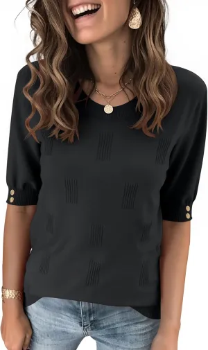 Kistore Womens Short Sleeve Sweaters Crewneck Sweater Shirts Business Casual Tops Outfits with Decor Buttons