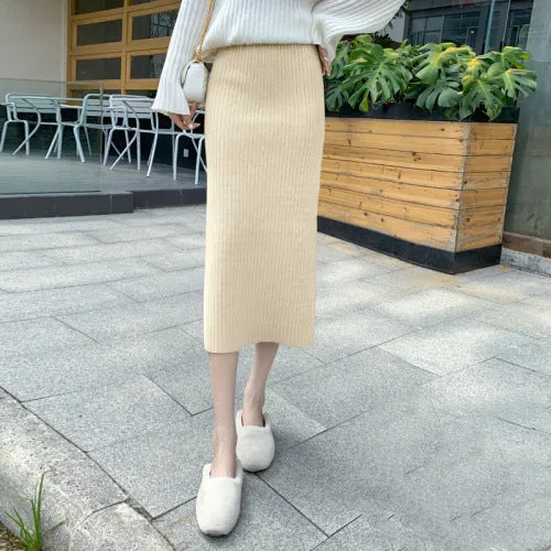 Knitted Skirt Women Sweater High Waist Mid-Length All-Matching Splitted Hip Flattering Skirt