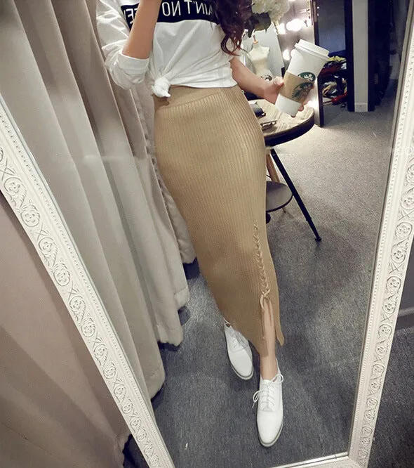 Korean Lace Splitted High Waist Knitted Slim Look Hip Flattering Skirt